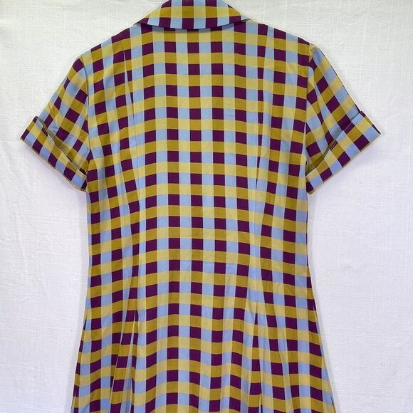 LHD Blue Plum Yellow Gingham Button Down Short Sleeve Silk Dress Size 4 - Picture 8 of 12